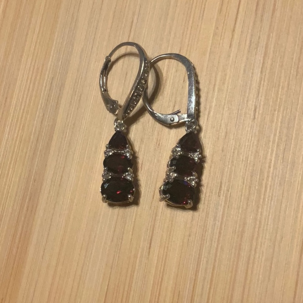 Red Garnet Rhodium over Sterling Silver drop earrings